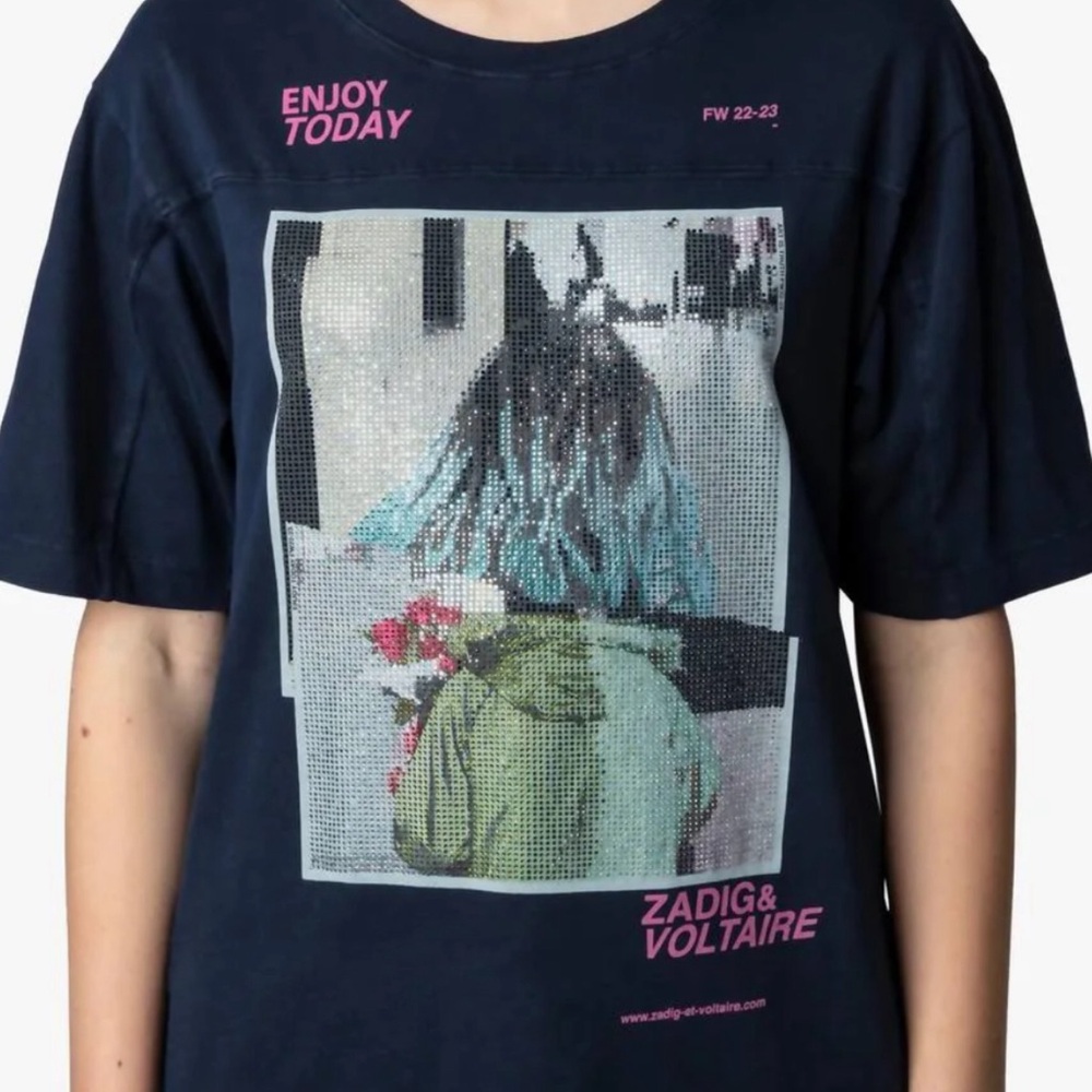 NEW ZADIG & VOLTAIRE Bow Photoprint Strass T-Shirt In Encre size Small $178 🌸